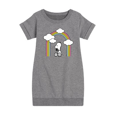 Girls' - Peanuts - Snoopy Looking Up Rainbow Graphic Short Sleeve Fleece Dress