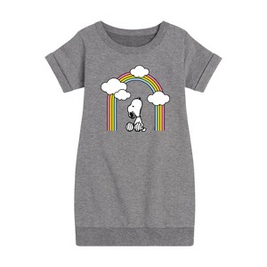 Girls' - Peanuts - Snoopy Looking Up Rainbow Graphic Short Sleeve Fleece Dress - 1 of 4