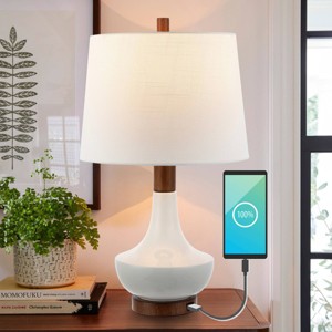 23" Finn Vintage Minimalist Iron LED Mini Table Lamp with USB Charging Port Wood Finished/White (Includes LED Light Bulb) - JONATHAN Y - 1 of 4