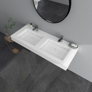 47 x 19 in. Solid Surface Wall Mount or Countertop Bathroom Double Vessel Sink with Faucet Holes in Matte White - 1 of 4