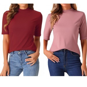 INSPIRE CHIC Women's Half Sleeve Casual Turtleneck Solid Elastic Soft T-Shirts 2 Packs - 1 of 4