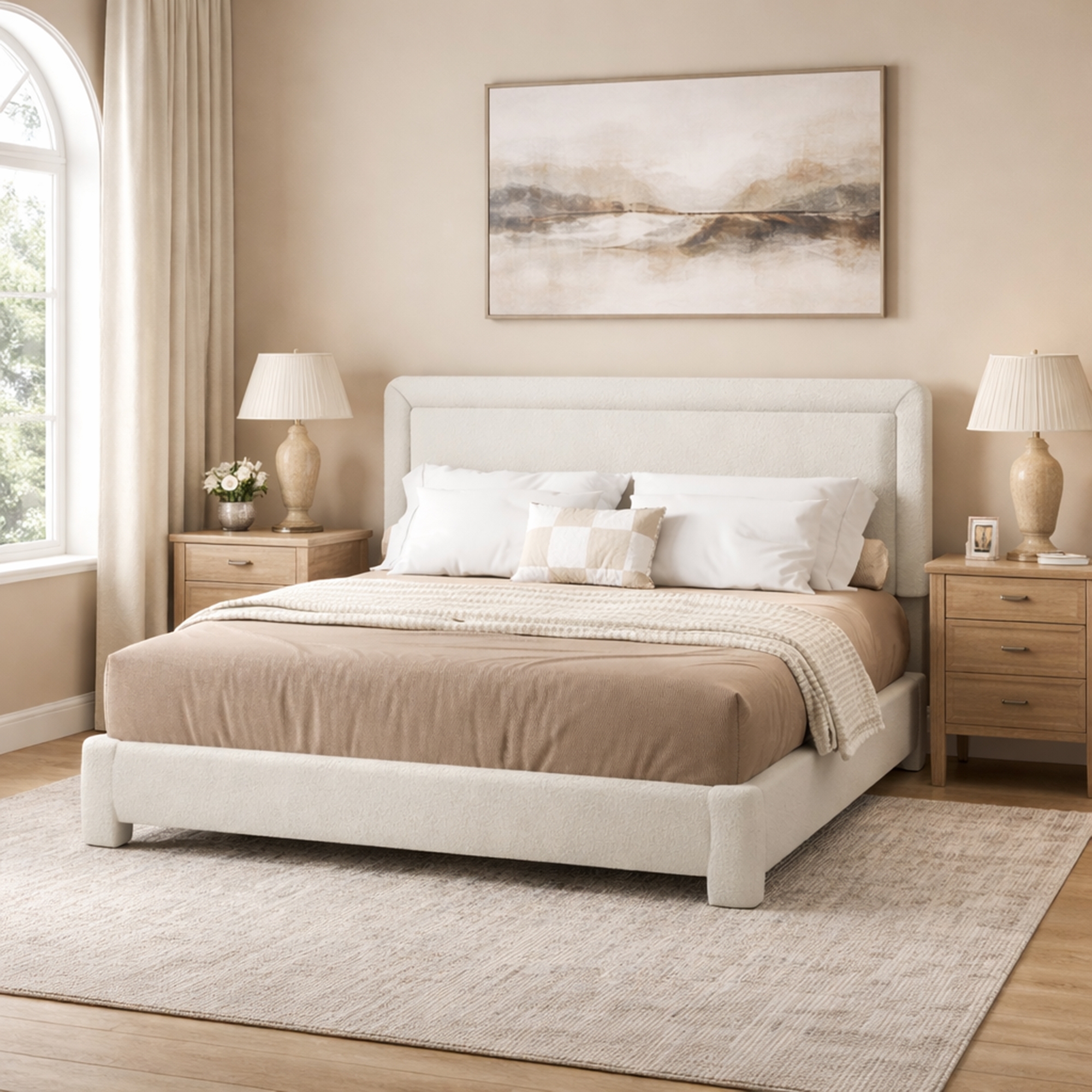 Dyonery Upholstered Platform Bed Frame with Adjustable Headboard/Soft Boucle Fabric No Box Spring Required,Easy Assembly Queen Size Cream