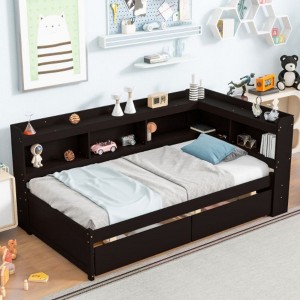 Twin Size Bed With L-shaped Bookcases, Pine Wood Platform Bed Frame With 2 Storage Drawers For Bedroom, No Spring Box Needed - 1 of 4