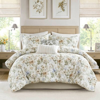 Okak Queen/King 6-Piece Cotton Sateen Printed Bed Comforter with Flower Pattern,Comfortable Quilt Comforter Bedding Sets,Machine Washable