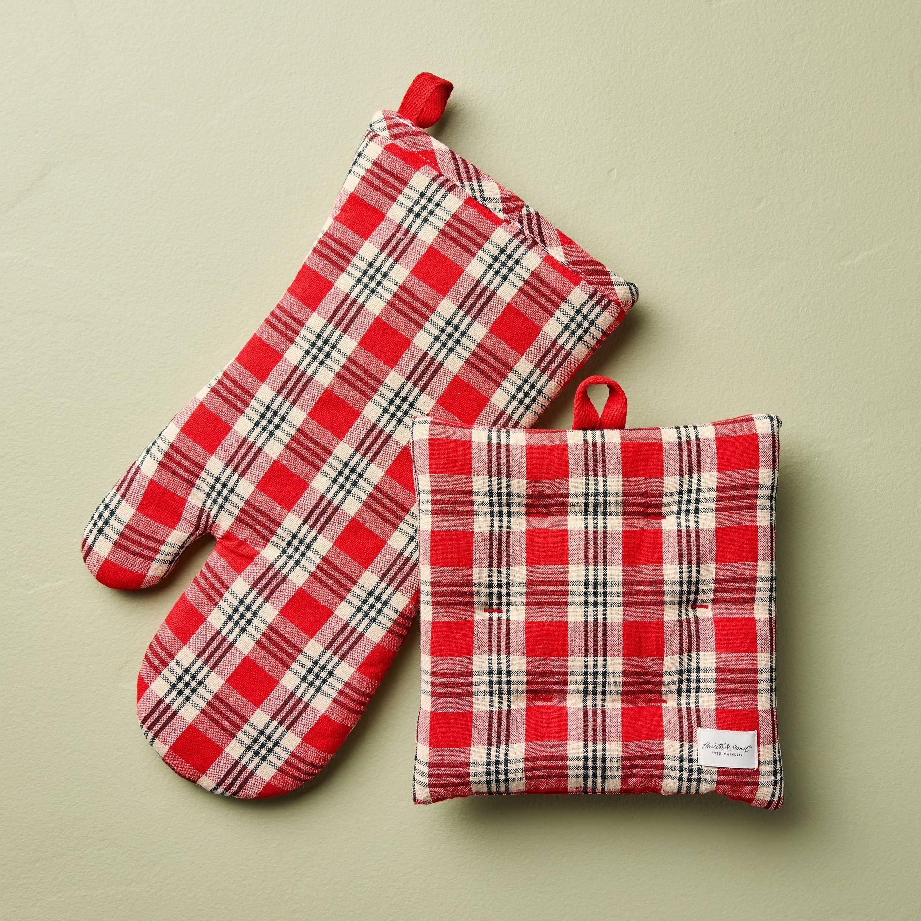 2pc Oven Mitten and Potholder Set Red/Natural Plaid - Hearth & Hand™ with Magnolia