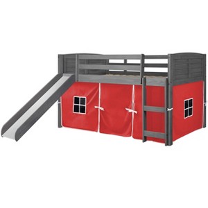 Donco Kids Louver Twin Antique Grey Low Loft Bed With Slide & Red Tent - 1 of 4