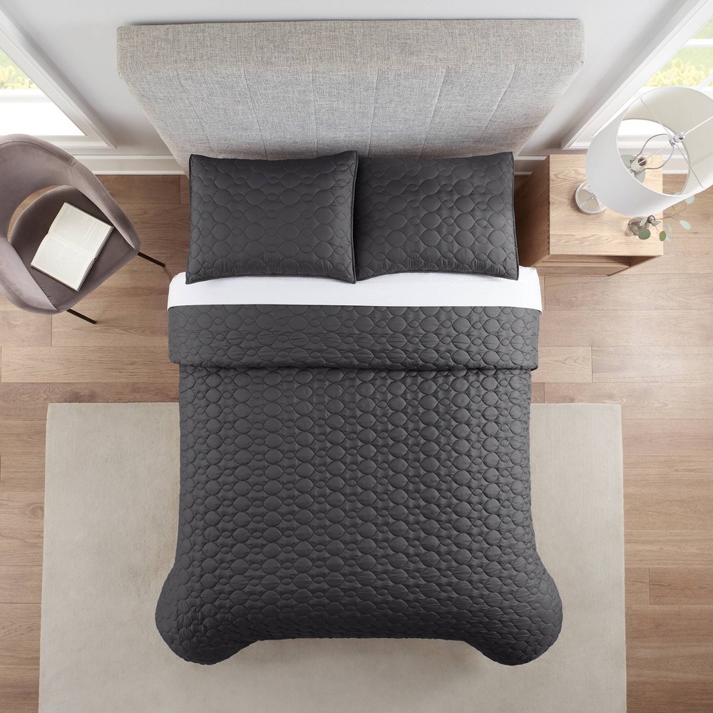 3pc Full/Queen Solid Quilt Set Charcoal Gray - Serta: Year-Round Polyester Bedspread, Machine Washable
