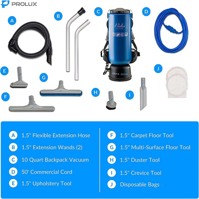 Prolux 10 Quart Powerful Lightweight Backpack Vacuum w/ 1 1/2" Tool Kit and 5 YR Warranty, 4 of 9
