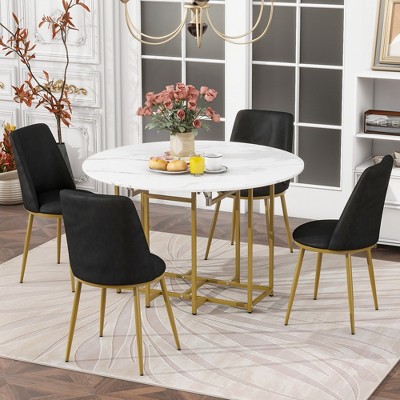 GDFStudio Oscar 5 Piece Modern Ergonomic Iron and Linen Upholstered Dining Set with 47.2" Foldable Faux Marble Table