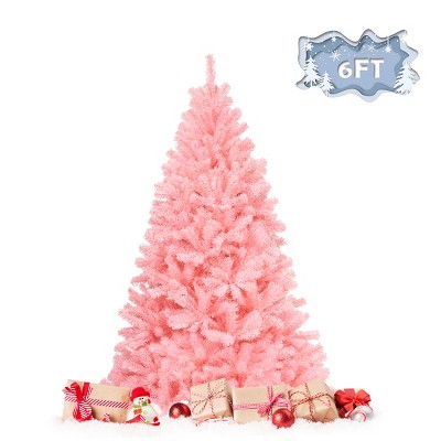 Tangkula 6Ft Artificial Christmas Tree Hinged Spruce Full Tree with Metal Stand Pink