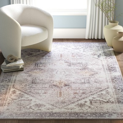 Beige and Grey Rectangular Washable Synthetic Area Rug, 3' x 5'
