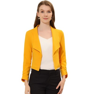 INSPIRE CHIC Women's Regular Fit Notched Lapel Ruched Sleeve Business Crop Blazer
