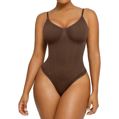 SHAPELLX Womens Shapewear Tummy Control Thong Slimming Body Shaper Seamless Compression Top Waist Boning Corset Bodysuit—Brown 38