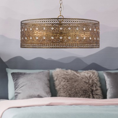 Elegant Brass and Crystal Drum Chandelier, 26" Glam Pendant Light