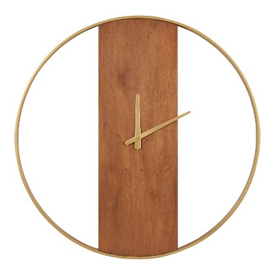 24" Walnut Brown and Gold Metal Round Wall Clock