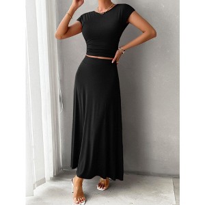 Women Two Piece Skirt Set Casual Crew Neck Short Sleeve Cropped Top Elastic Waist Swing Midi Skirts - 1 of 4