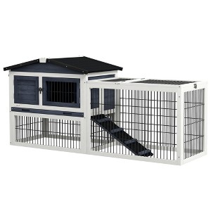 PawHut 2 Level Wooden Rabbit Hutch, Bunny Hutch House, Guinea Pig Cage with Run Space, Removable Tray, Ramp and Waterproof Roof for Outdoor, Dark Gray - 1 of 4