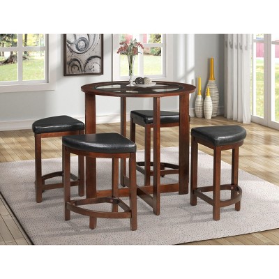 Roundhill Furniture Cylina Solid Wood Glass Top Round Counter Height Table with 4 Stools
