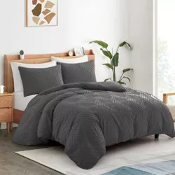 Peace Nest Clipped Jacquard Geometric Duvet Cover & Pillowcase Set, Twin, Dark Gray Leaf