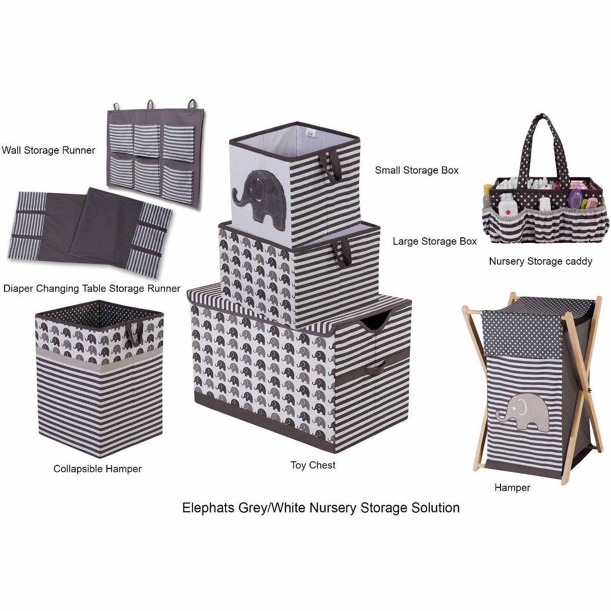 Elephants gray nursery storage solution set including toy chest