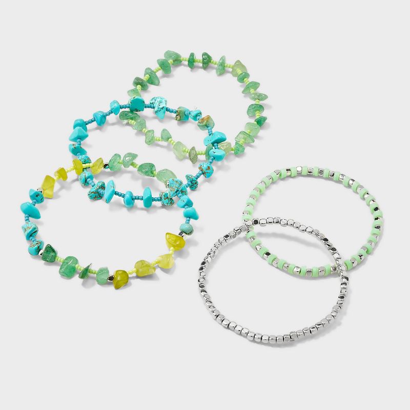 Stretch Bracelet with Semi Precious Jade/Agate/Turquoise Set 5pc - Universal Thread&#8482; Blue/Green/Silver, 1 of 5