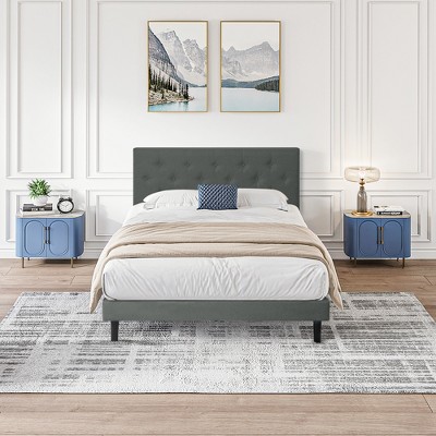 DOMETOUR Twin Upholstered Platform Bed Frame, Button Tufted Linen Headboard, No Box Spring, Wood Slats, Easy Assembly, Dark Grey