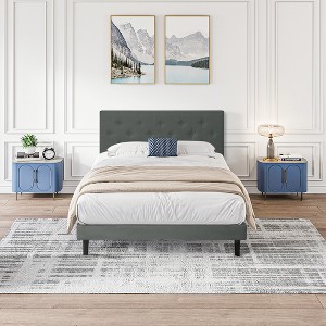 DOMETOUR Twin Upholstered Platform Bed Frame, Button Tufted Linen Headboard, No Box Spring, Wood Slats, Easy Assembly, Dark Grey - 1 of 4