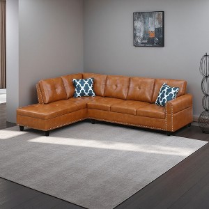 Faux Leather L-Shaped 2-Piece Sectional Sofa with Storage Ottoman & Cup Holders - 1 of 4