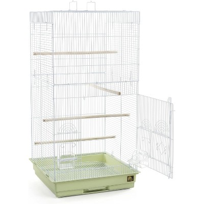 Tall Green Powder-Coated Steel Bird Cage with Wooden Perches