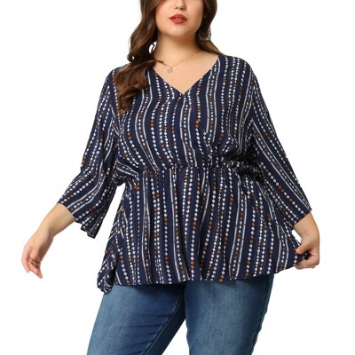 Agnes Orinda Women's Plus Size V Neck 3/4 Sleeve Boho Striped Peplum Babydoll Blouses