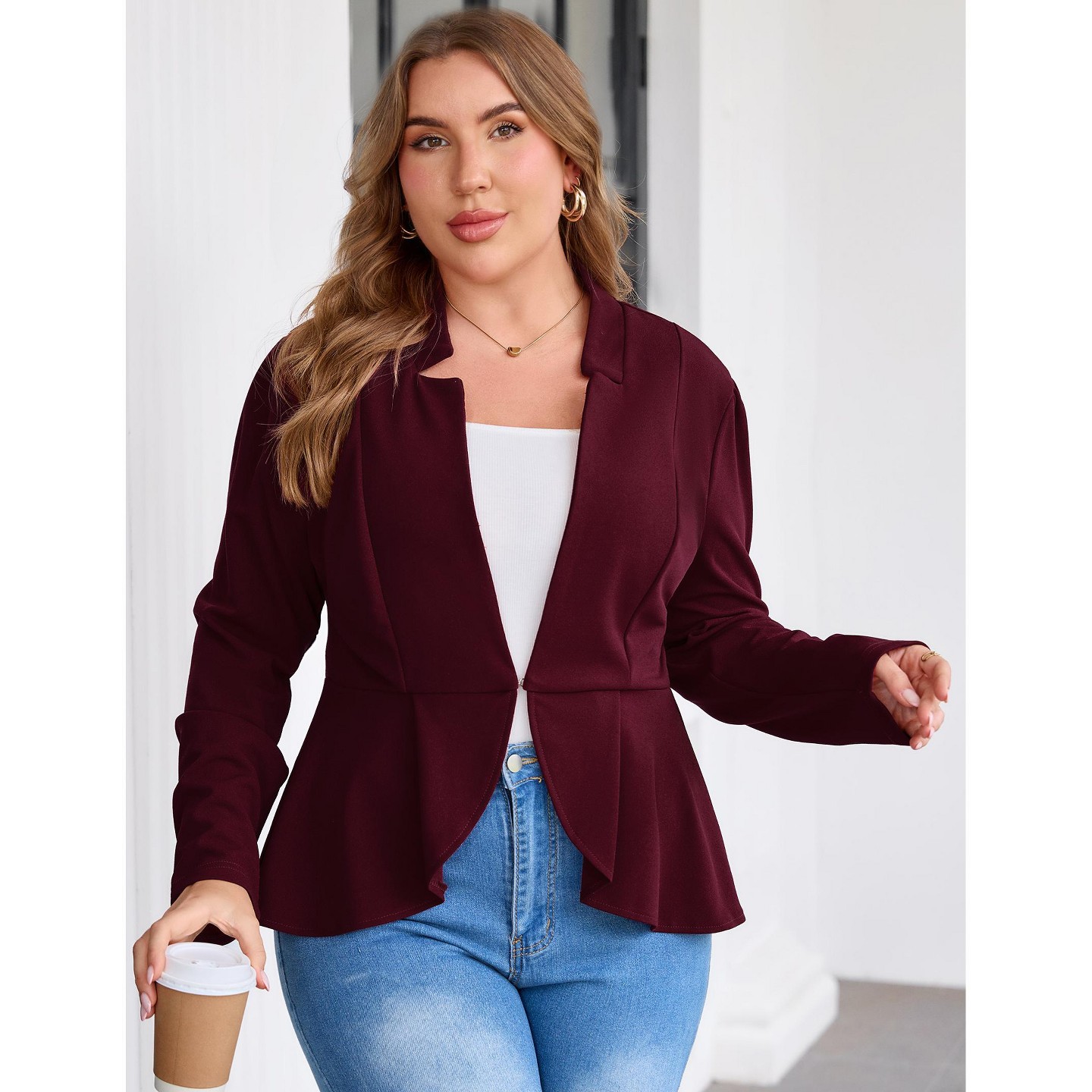 Женская куртка YesFashion Women Plus Size Peplum Blazer Open Front Notched Lapel Long Sleeve Tailored Outerwear Jacket, RED, цвет: Красный — фото 2