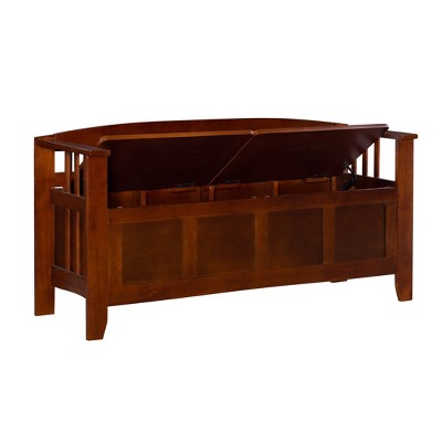 Walnut Split-Seat Storage Bench with Slat Back Design, 50"