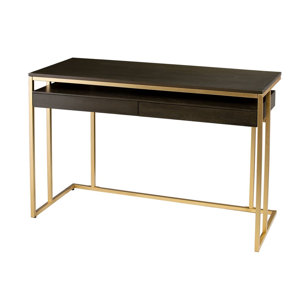 Photos - Office Desk Quinal Writing Desk with Storage Brown/Gold - Aiden Lane