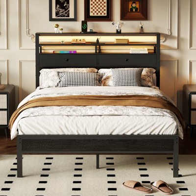 Furnulem Bed Frames with Charging Station and LED Lights, Wood Headboard with 2 Fabric Drawers and Storage Shelves, Noise-Free, Metal Support