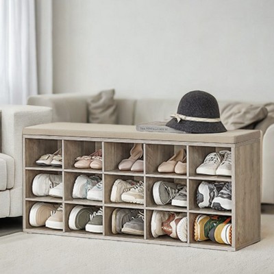 Shoe Rack Bench with Cushion 15 Compartments Storage Bench Shoe Bench for Entryway, 11.8 x 41.3 x 18.9 Inches