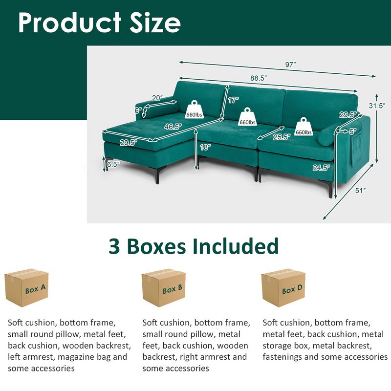 Costway Modular L-shaped Sectional Sofa w/ Reversible Chaise & 2 USB Ports Teal, 4 of 11