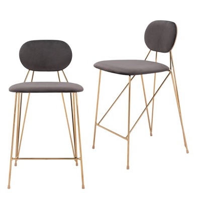 HomeRoots Set of Two 26" Gray and Gold Velvet and Steel Low Back Counter Height Bar Chairs