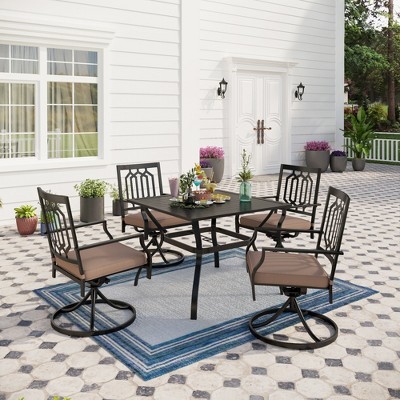 Captiva Designs 5pc Patio Slat-top Square Steel Dining Table with Umbrella Hole & Metal Arm Chairs