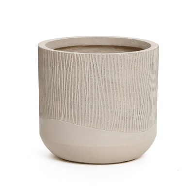 LuxenHome 12" Dia Weathered Concrete Round Planter Indoor Outdoor Plant Pot Rustic Distressed Tapered Planter Pot for Home Patio Garden Brown