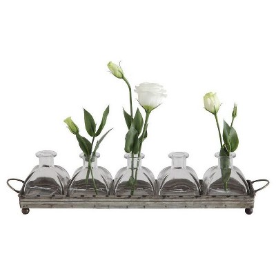 Storied Home Iron Decorative Tray with 5 Glass Vases - Farmhouse Style, Shelf Display, Kitchen Island Decor
