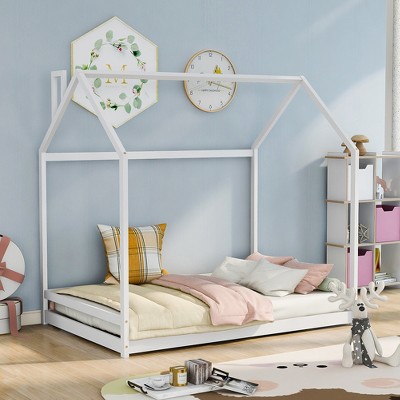 Twin Size/Full Size Platform Bed, Wooden Floor Bed, House-Shaped Bed Frame with Roof for Teens Boys Girls Bedroom Furniture (Slats Not Included)