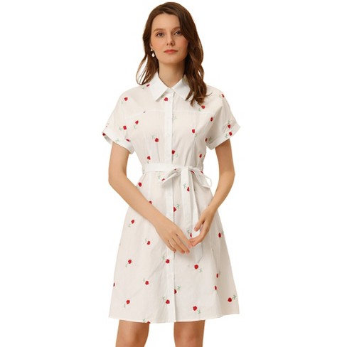  Button Front Belted Shirt Dress Women's Short Sleeve