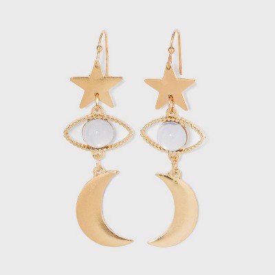 Star, Evil Eye and Moon Linear Earrings - Wild Fable™ Gold