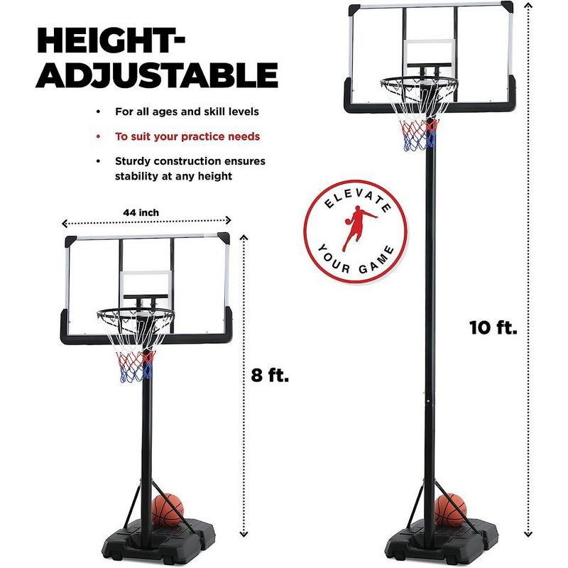 Portable Basketball Hoop 10 ft Adjustable - 44in Shatterproof Backboard - Basketball Goal System 8-10 ft Adjustable Basketball Hoop - Play22USA, 2 of 8
