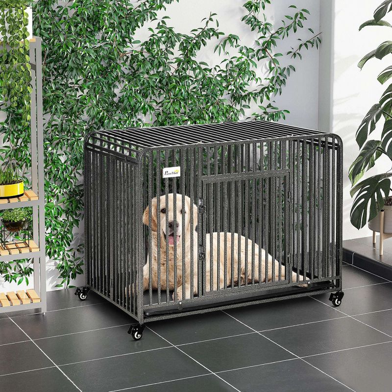 PawHut 43" Heavy Duty Dog Cage, Foldable Steel Crate Kennel with Removable Tray, Double Doors, 4 Lockable Wheels for Medium & Large Dogs, Dark Silver, 4 of 8