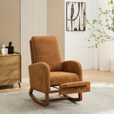 Okak Rocking Accent Chair Living Room Chair with High Back Glider and Side Pocket Retractable Footrest Armchair for Bedroom Nursery