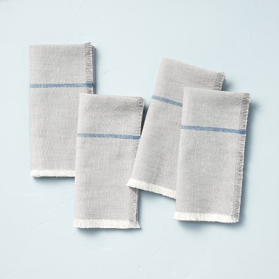4pk Single Stripe Fringe Cloth Napkin Set Taupe/Blue - Hearth & Hand™ with Magnolia