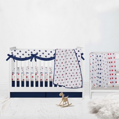 Bacati - Boys Nautical Muslin Whales Boat Red Blue Navy 8 pc Crib Bedding Set with Long Rail Guard Cover