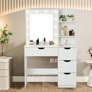 Modern Vanity Makeup Desk with Vanity Mirror, Built-in Lights, 4 Drawers, Crystal Ball Knobs, Power Outlet, White Makeup Desk for Bedroom - 1 of 4