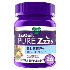 ZzzQuil PURE Zzzs De-Stress Melatonin Sleep Aid Gummies 1 mg per gummy 26 Count - 1 of 4